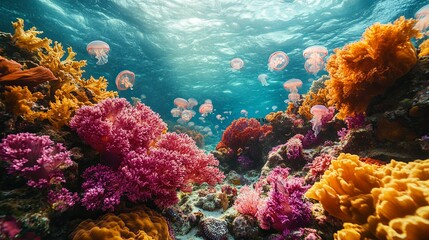 Obraz premium Vibrant coral reef teeming with jellyfish and marine life.