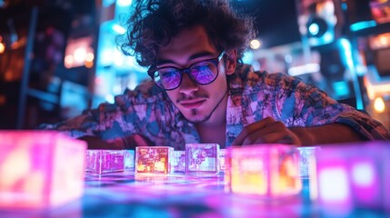 Focused young man examines illuminated cubes
