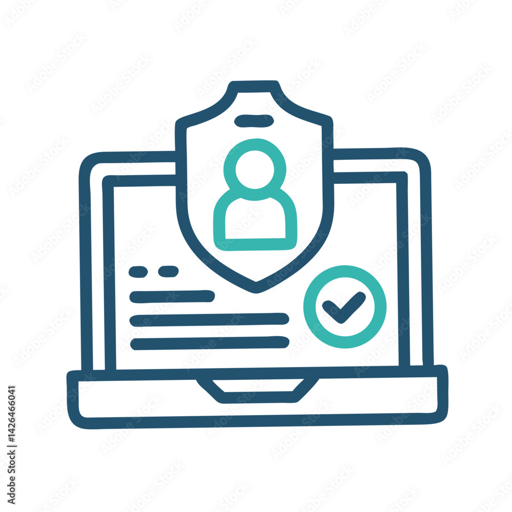 Poster the image depicts a line art illustration of a laptop with a security shield and user profile, symbo