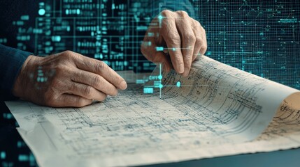 Senior hands reviewing blueprint with digital overlay legacy and innovation