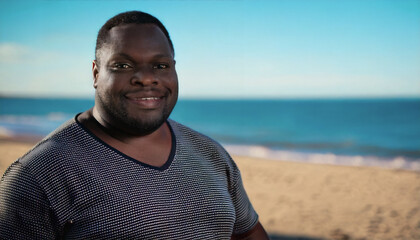 Overweight Plus-Size Man Portrait on the Beach Enjoying Summer Vacation