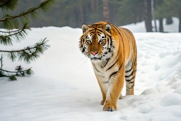 Obraz premium Majestic tiger walking towards the camera in snowy landscape