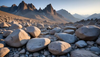 Vast and rocky terrain under a dusky sky with mountains in the distance, sunlight.
