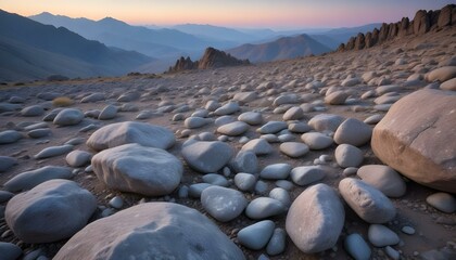 Stunning dusk view of a mountain valley with a field of round stones and mountains.