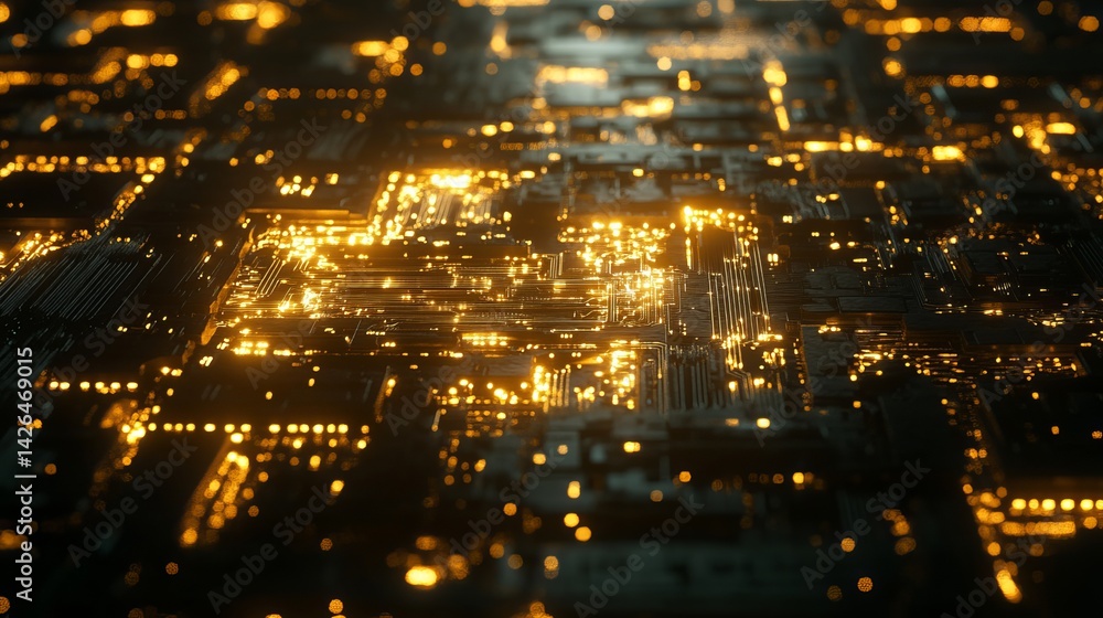 Poster abstract golden circuit board technology background digital art futuristic glowing lines network mod