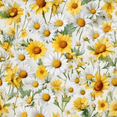 Fototapeta premium Seamless Watercolor Pattern of White and Yellow Daisies with Green Stems on White Background – Playful Spring Design..