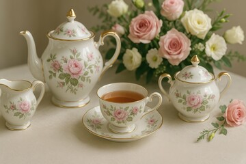 Elegant Floral Tea Set with Roses and Delicate White Flowers