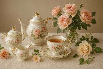 Elegant Floral Tea Set with Fresh Roses and Tea in Fine China