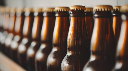 Close-up view of arranged beer bottles in a row Generative AI