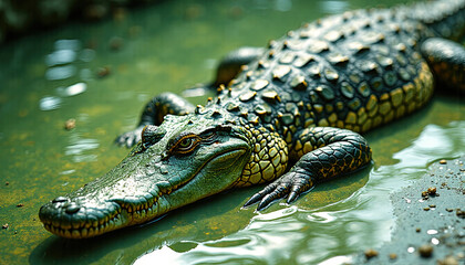 Obraz premium Crocodile resting in muddy water with lush green background 