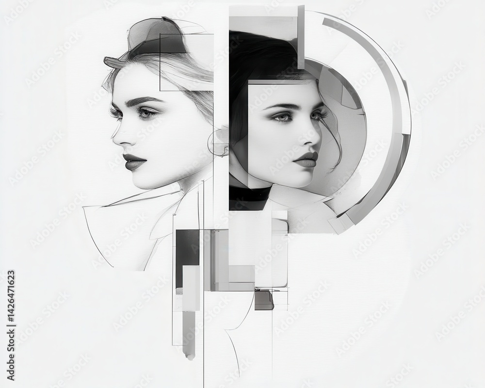 Poster artistic representation of dual profiles with abstract elements in monochrome design