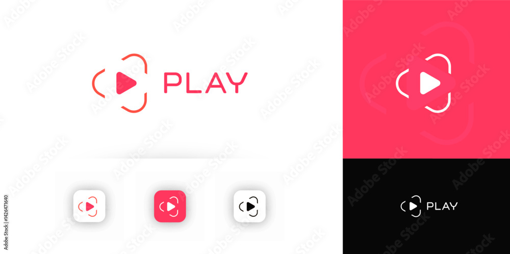 Poster play button logo with abstract triangle for digital video app, tech startup, multimedia platform. ve