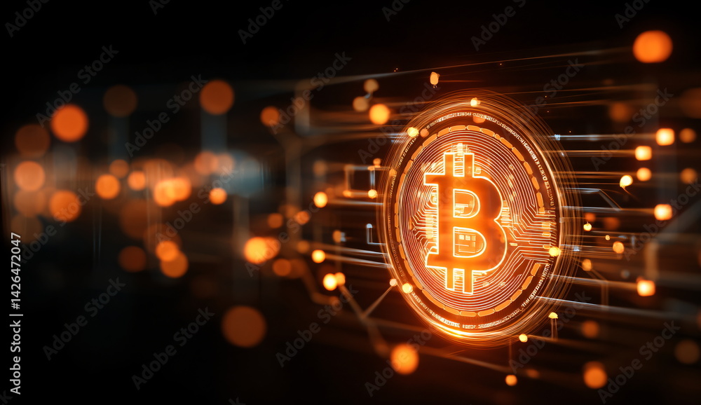 Poster animated bitcoin symbol and network connections over a dark background. digital currency and blockch