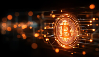 Animated bitcoin symbol and network connections over a dark background. Digital currency and blockchain technology concept for financial news or investment analysis.
