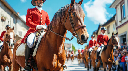 Obraz premium A procession of horses and riders wea red jackets moves down the street in a ceremonial tradition on a bright sunny day in a European town setting.