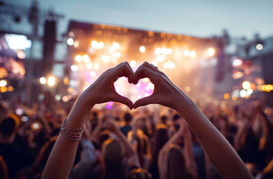 Woman hands making heart shape gesture in front of blurry bokeh party crowd and stage lights at music festival concert, live event concept