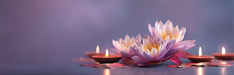 Pink lotus flowers and burning candles on a dark background with reflection. Concept of indian holidays, healing, spirituality, spa, yoga and meditation practice.