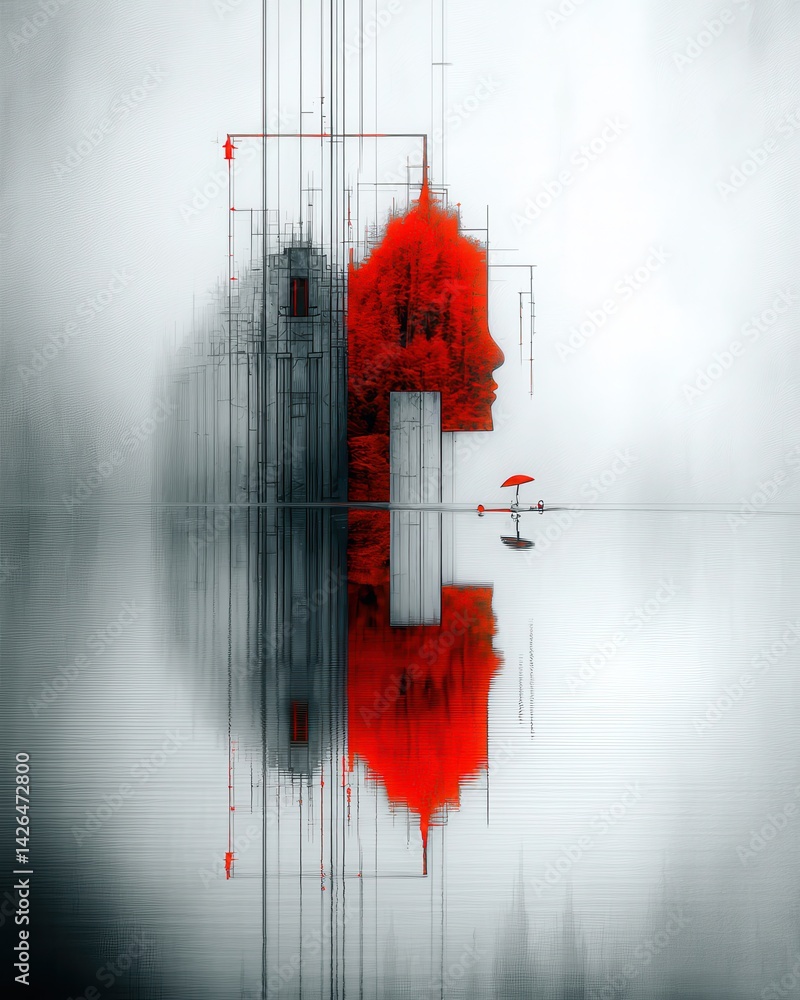 Aufkleber surreal double exposure image of a figure and landscape with a touch of red and reflection in water