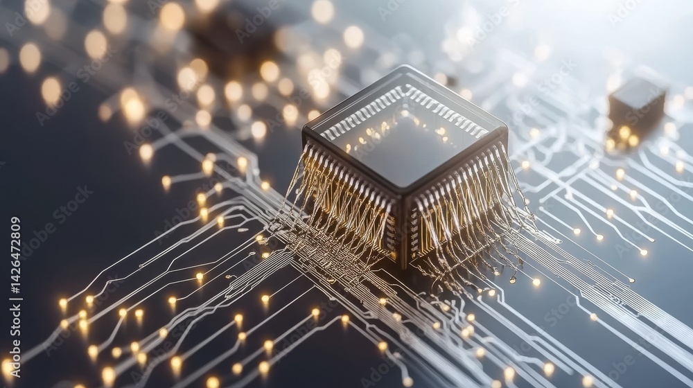 Poster a 3d render illustrates the flow of white neon data from the cpu across a futuristic motherboard, em