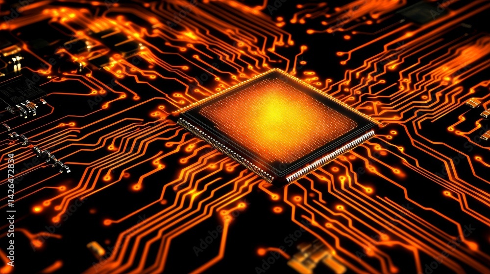 Poster a futuristic motherboard is depicted with a microchip, showcasing an advanced technology concept, as