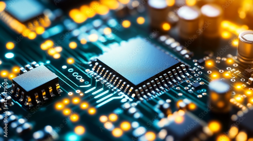 Poster a 3d render illustrates the advanced technology concept of a microchip and futuristic motherboard, w