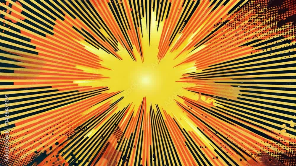 Poster dynamic explosion with radiating rays creating a vibrant visual effect in bold color palette