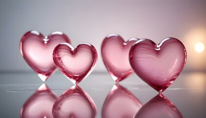 Several pink glass hearts are arranged on a reflective surface, conveying love and romance beautifully.