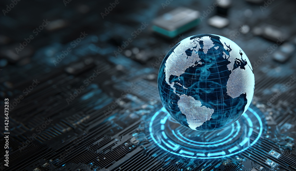 Poster digital globe on circuit board with glowing blue lines represents global data connection. computer h