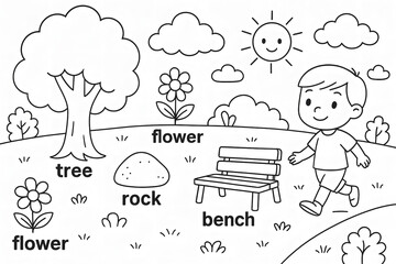 Children's Outdoor Coloring Page with Tree Flower Bench Rock Sun