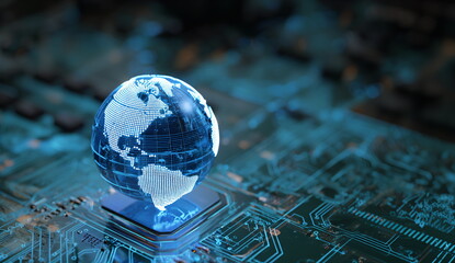 Digital globe hovering over computer processer on circuit board representing global connection and advanced technology idea for networking and scientific research concept