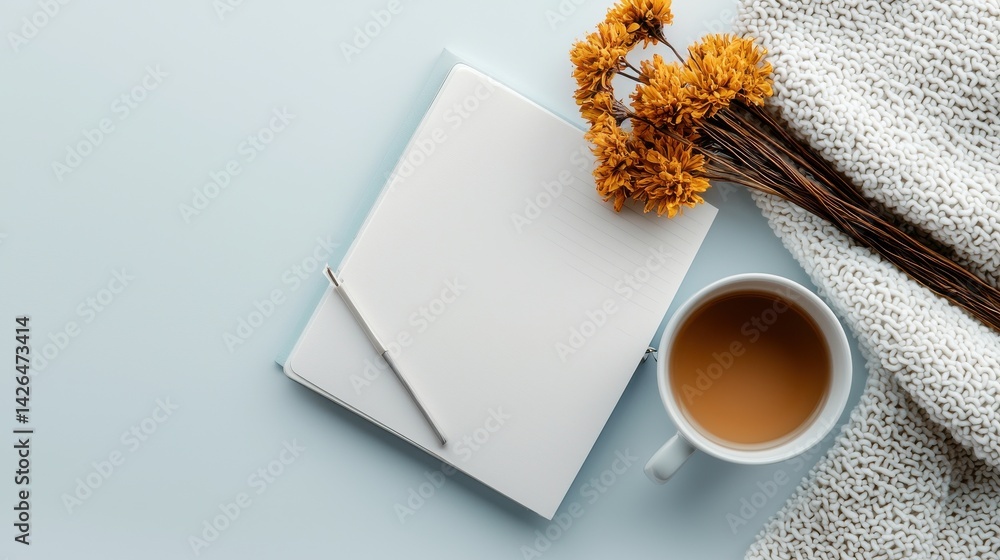 Poster a white notebook with a pen on it and a cup of coffee next to it