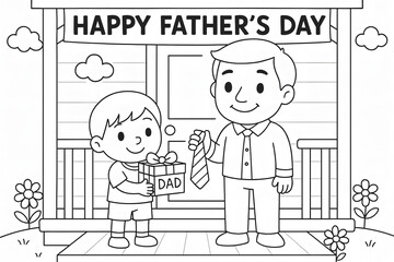 Father's Day celebration with father and son holding gift on porch, black and white coloring page for kids