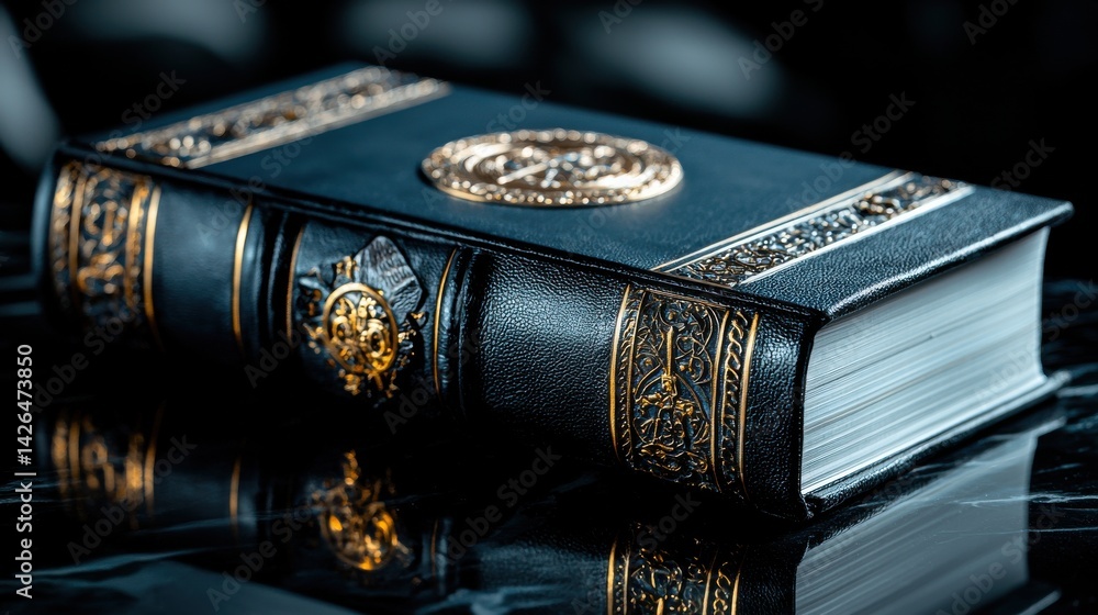 Poster a book with gold embossing sits on a table