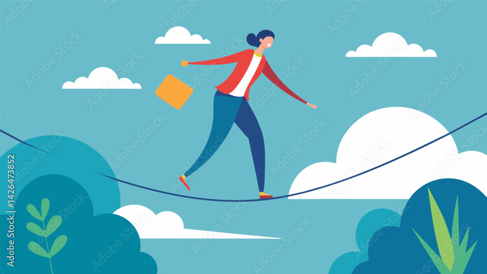 Poster a tightrope walker balancing between the demands of their career and the need for selfcare and rest.
