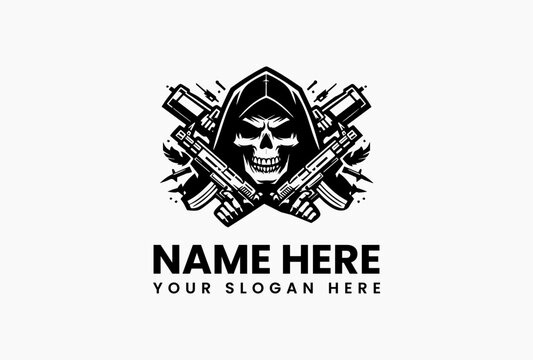 Hooded skull warrior with ornate tribal patterns, savage chieftain emblem for street gangs and combat sports