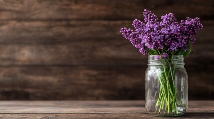 A vase of purple flowers sits on a wooden table