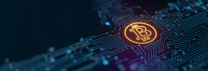 Orange glowing bitcoin symbol against a dark blue circuit board background depicting cryptocurrency technology and digital transaction concept for global finance future.