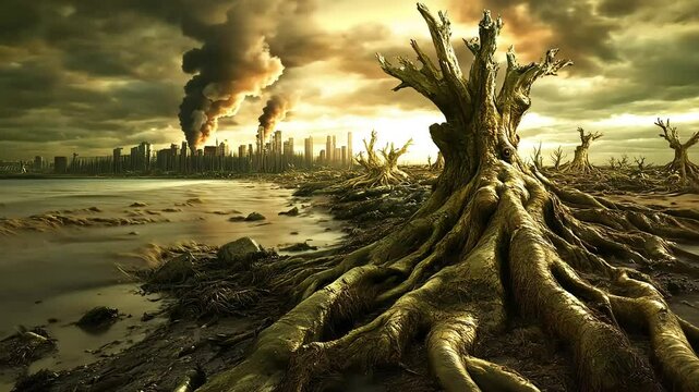 Post-apocalyptic riverbank, dead trees, city burning