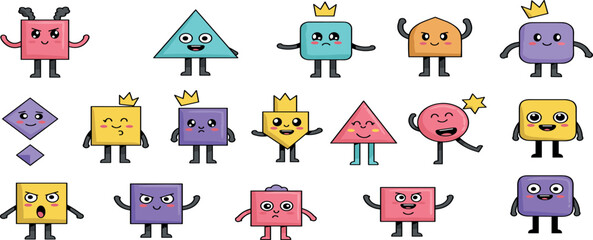 Fototapeta premium Abstract characters. Cartoon kids shape with smile face. Geometric mascot figure with leg and hands. Fun graphic avatar for education, funny emoji objects.