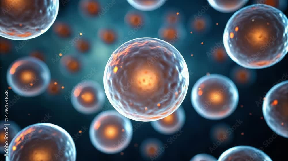 Poster a visually striking depiction of numerous cells floating in a blue background, showcasing intricate 