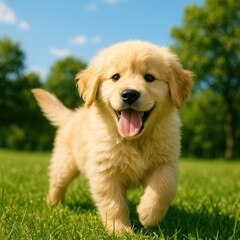 Cheerful Golden Retriever Puppy Playing in Sunlit Green Meadow