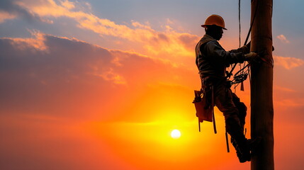 Man working on electric pole silhouette at sunset. Electrician maintenance power line worker climbing telephone pillar. Concept of hard work and danger. Electrical repair.