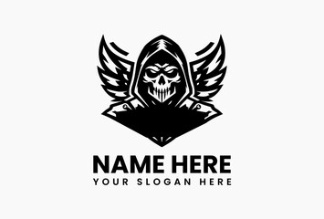 Hooded skull warrior with neon circuit patterns, cyberpunk raider emblem for esports and dystopian brands 