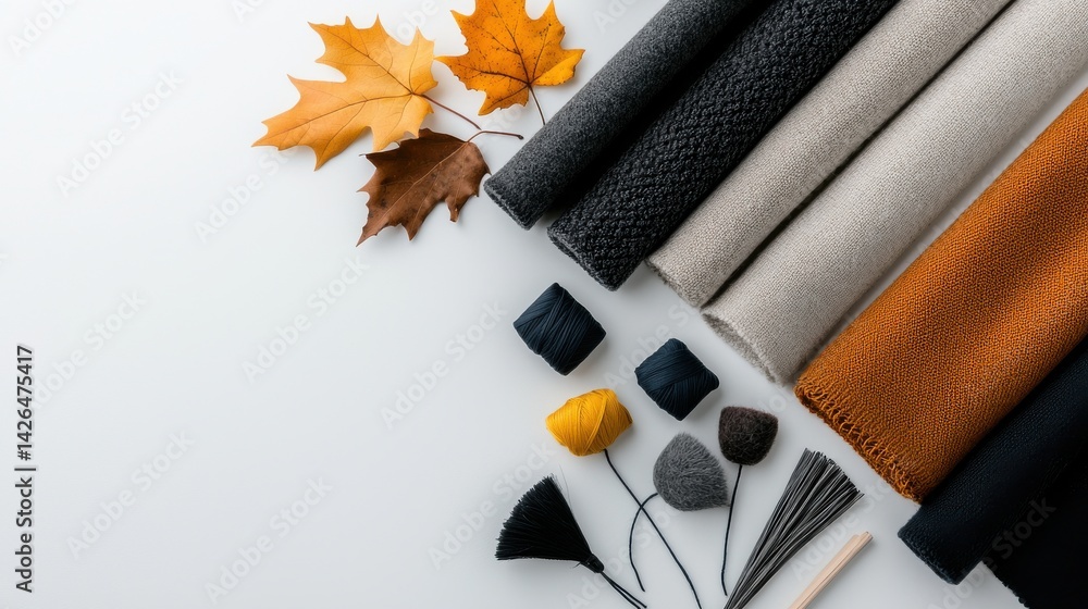 Poster A collection of different colored fabrics and a leaf on a white background