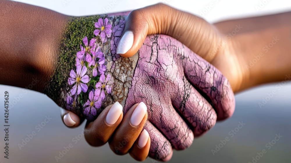 Poster artistic representation of unity with hands showing vivid texture and floral elements in a unique do