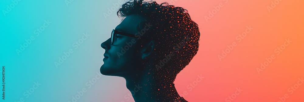 Poster a vibrant profile silhouette of a person with glasses, surrounded by colorful abstract patterns, cre
