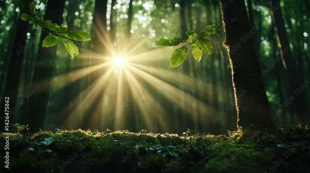 Poster a tree with leaves and a sun shining on it