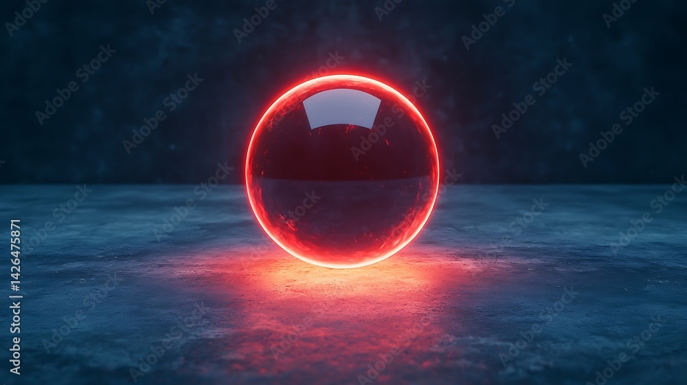 Poster a luminous red sphere sits on a textured surface, emitting a soft glow against a dark background, cr