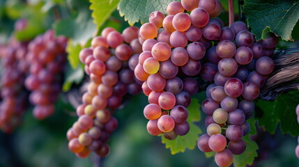 Cluster of red and purple grapes ripens on a vine with green leaves in vineyard during harvest season for agriculture and winemaking concept