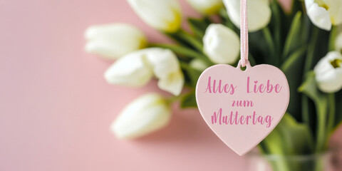 Alles Liebe zum Muttertag Feiertag Grußkarte mit deutschem Text - Tulpen Blumenstrauß Blumen mit Herz Geschenkanhänger, isoliert auf pinkem Hintergrund, Draufsicht